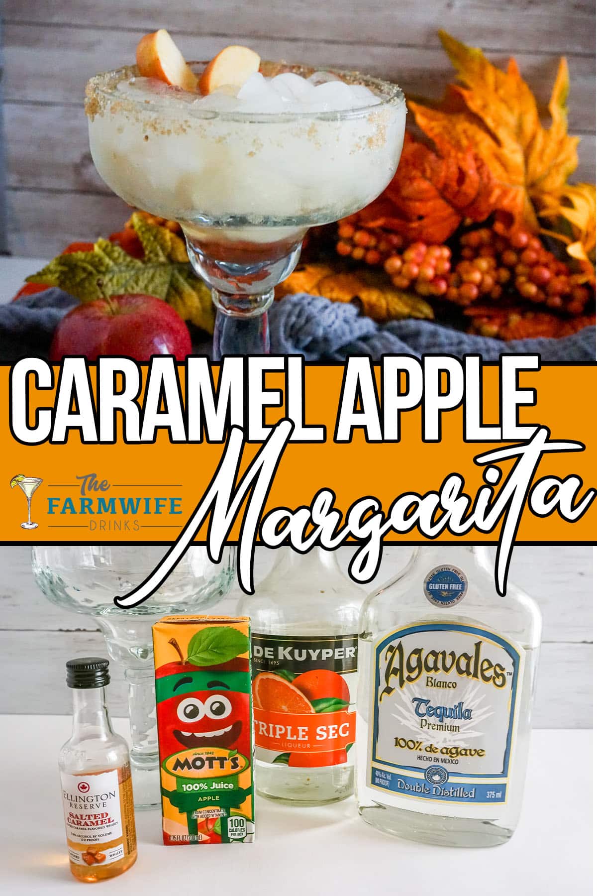 Ingredients to Caramel Apple Margarita and finish Cocktail on the rocks.
